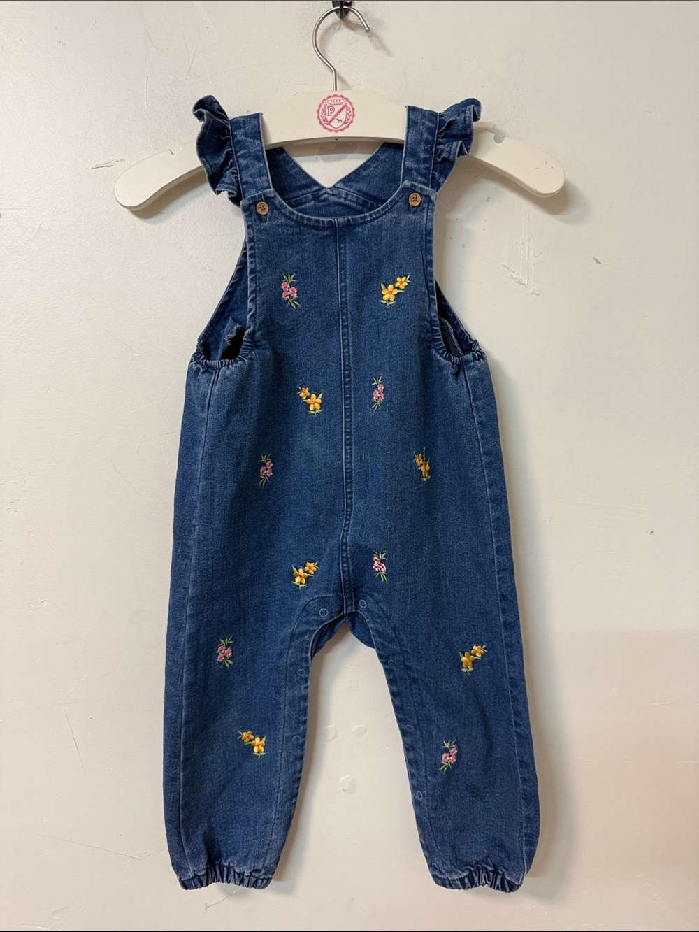 Denim Embroidered Floral Overalls - Blue